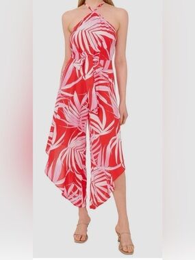 NWT MSK Poppy Red/Pink/White Tropical Print Jumpsuit, Size: XL, NWT